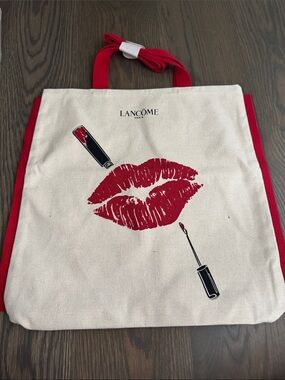 Canvas Tote Bag in Red and Cream with Lip Print